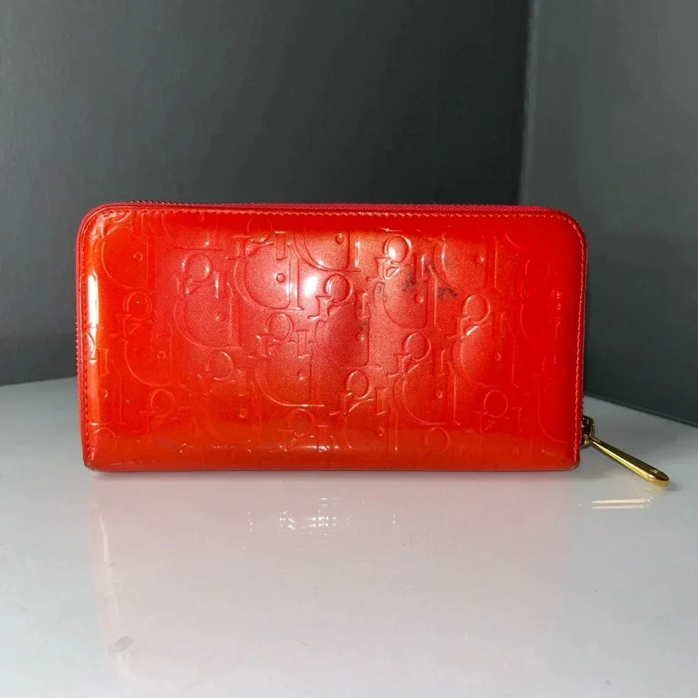 Christian Dior Diorissimo Red Patent Leather Zippy Wallet